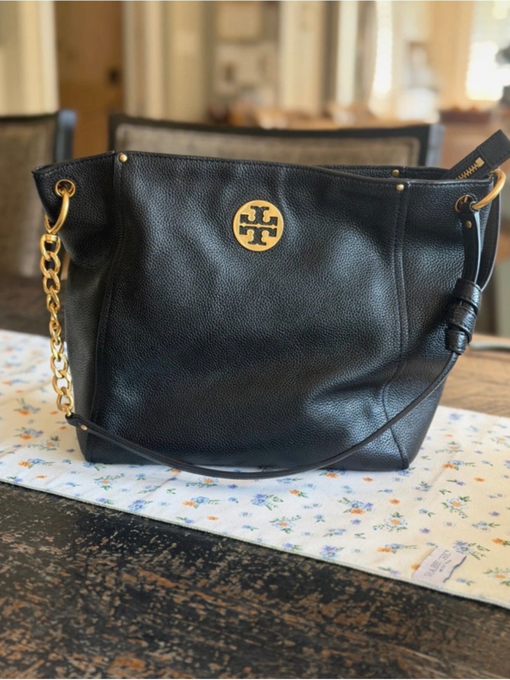 Tory Burch Black Pebbled Leather Shoulder Bag with Gold Logo